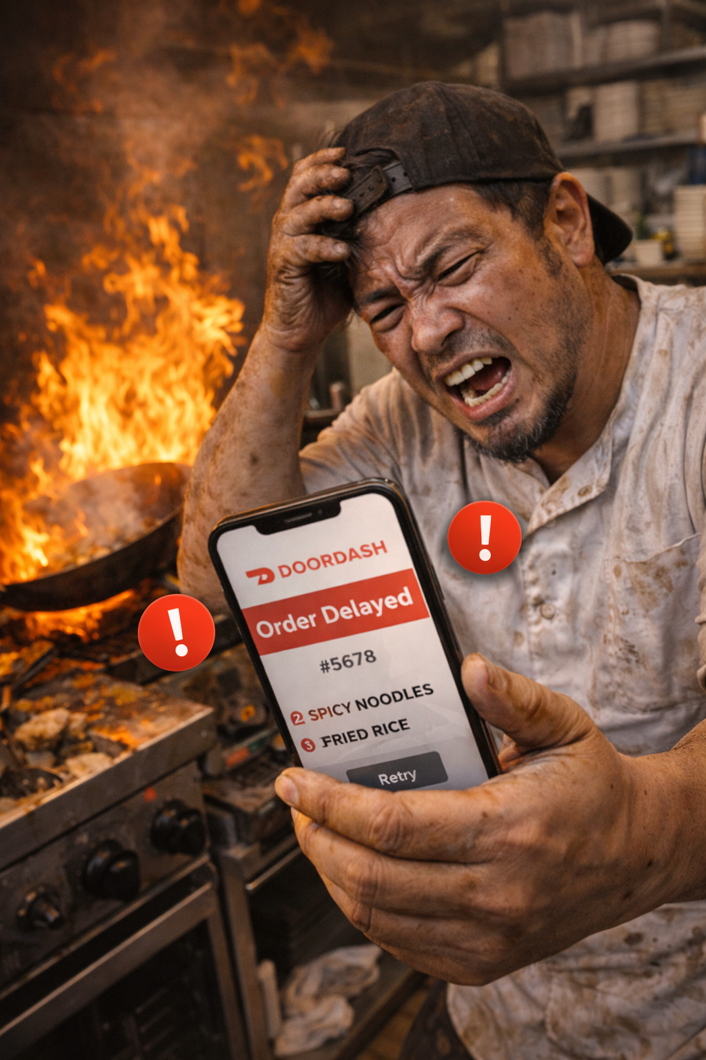 Food service operator overwhelmed during kitchen operations