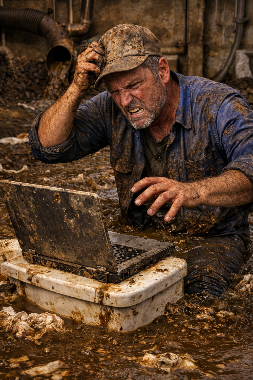 Plumber operator dealing with a broken laptop in the field